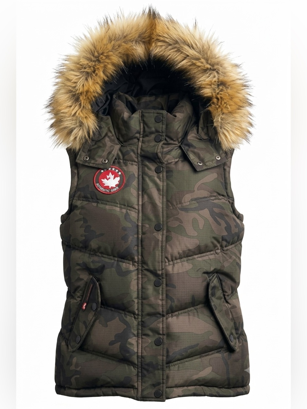Canada Weather Gear Camo Puffer Vest with Faux Fur Hood | Medium